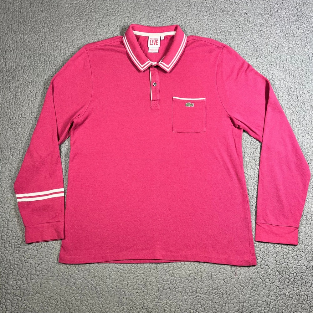 Lacoste LIVE Mens Pink Long Sleeve Pique Polo Shirt Stripe Trim Size 6 XL 6191L